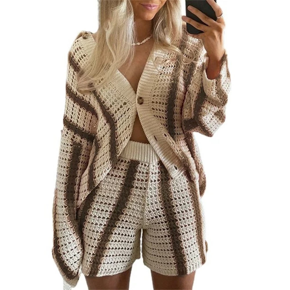 Knit Cardigan Brown Two Piece Short Vacation Set